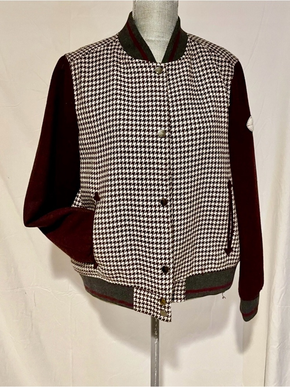 Zara Houndstooth Varsity Jacket with Burgundy Sleeves